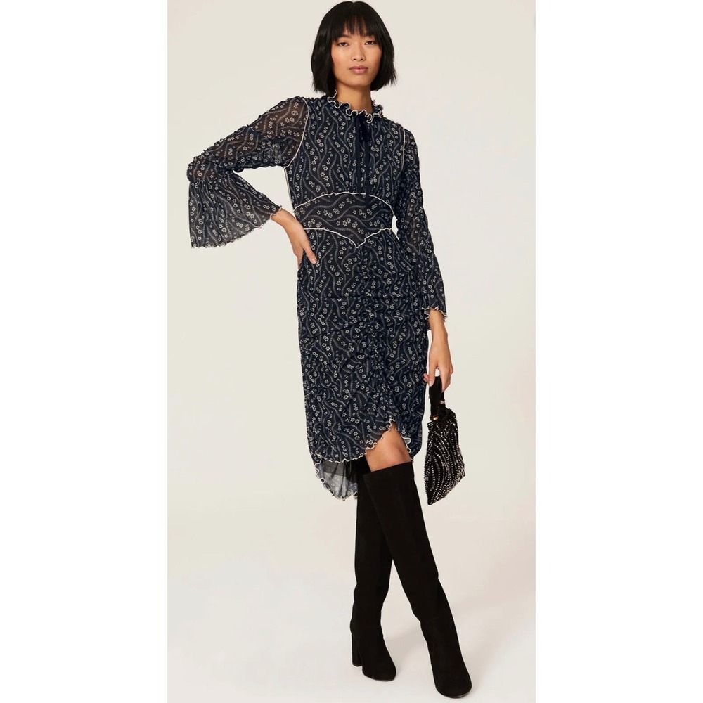 Anna Sui Posies Mesh Ruffle Ruched Dress M Black Bell Sleeve Whimsigoth Y2K